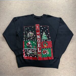 Vintage 90s Fruit Of The Loom Made In USA Christmas Noel Black Sweatshirt Large